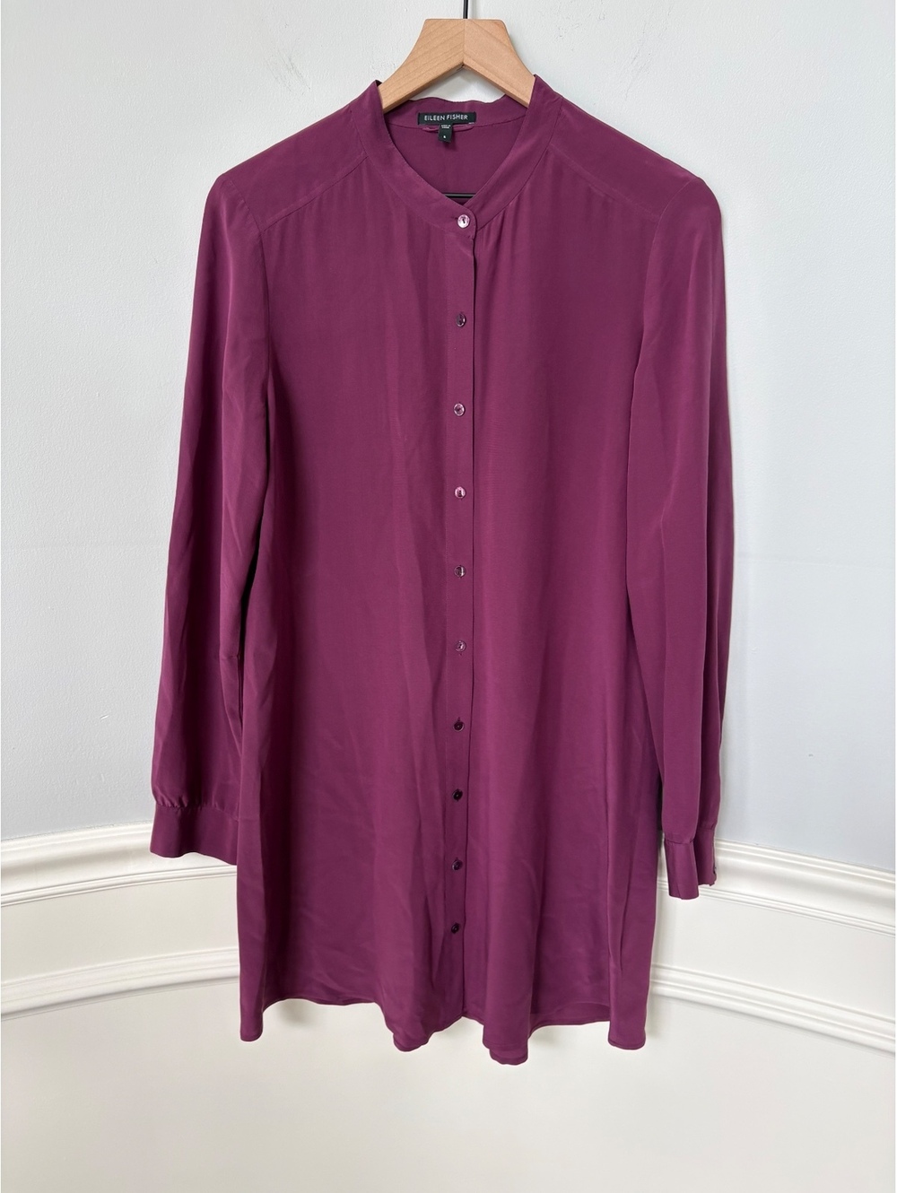 Eileen Fisher Silk Georgette Crepe Band Collar Shirt Dress - Cassis Plum - Small
